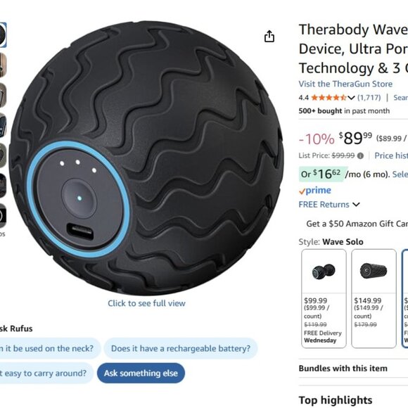 Therabody WaveSolo Black Massage Ball with Blue Accents - Picture 6 of 6